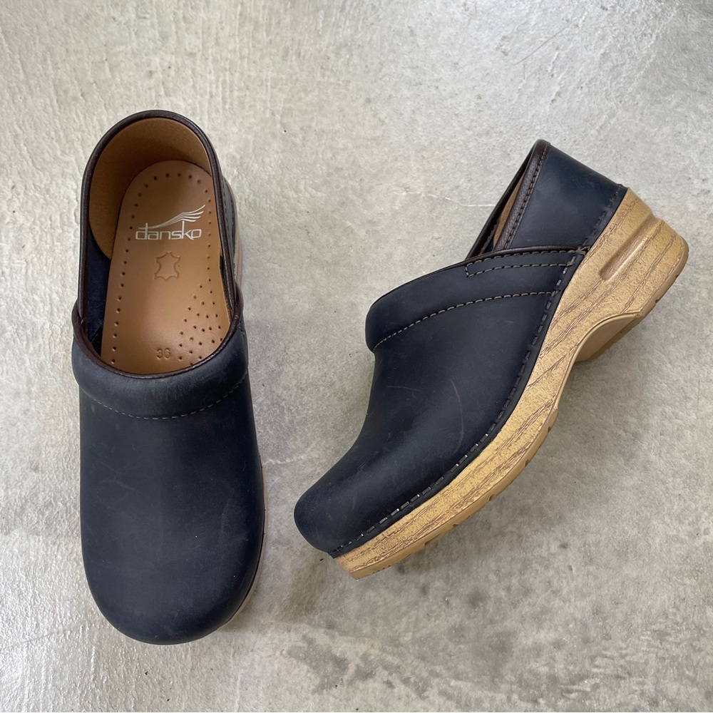 Dansko Navy and Tan Leather Clogs